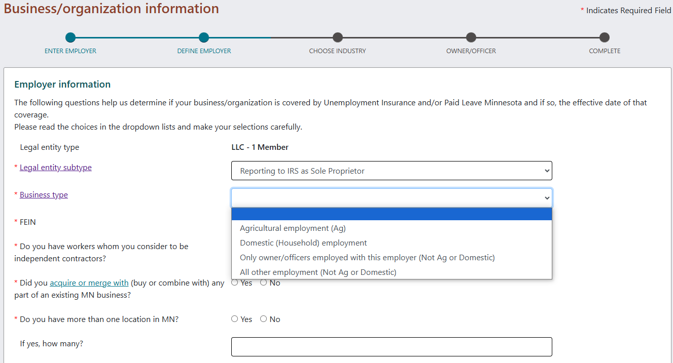 Employer information page displaying Business Type options