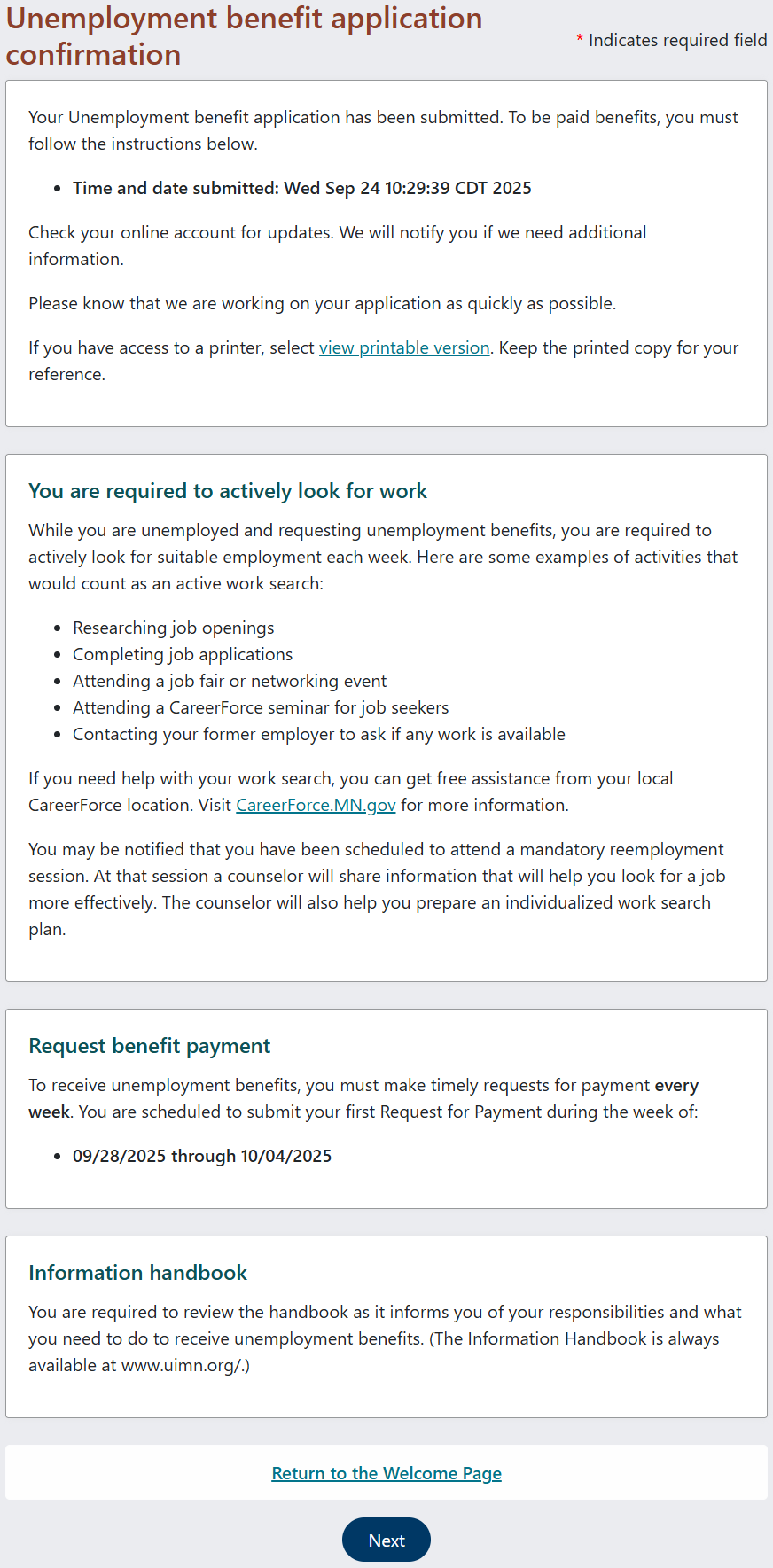 Screen shot of the confirmation page of the application. Screen shot of the confirmation page of the application.