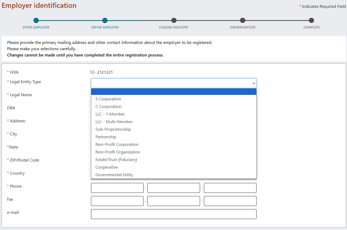 Employer identification page displaying Legal Entity Type options
