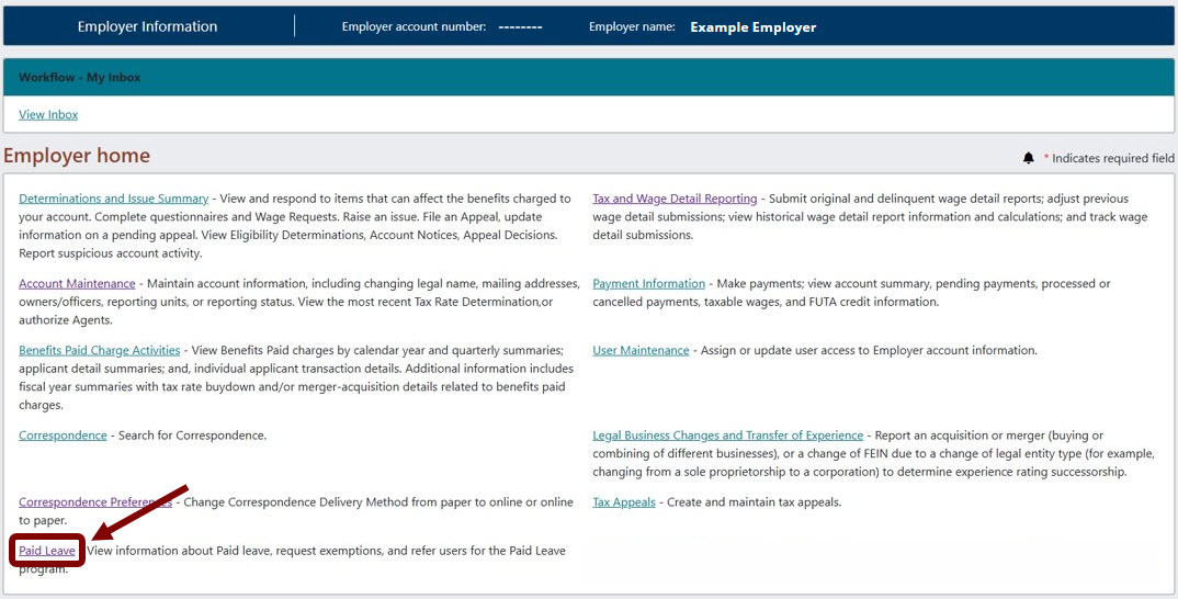 Employer home with "Paid Leave " link pointed out.