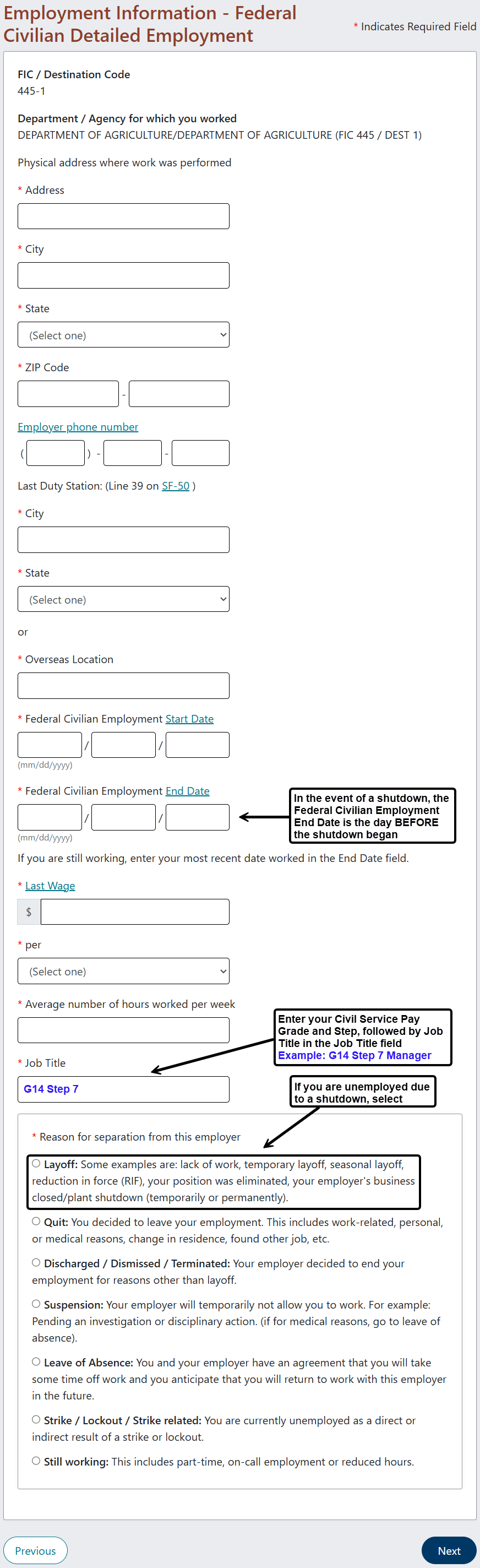 Screen shot of application instructing user to select LAYOFF for reason for separation if you are unemployed due to the shutdown.