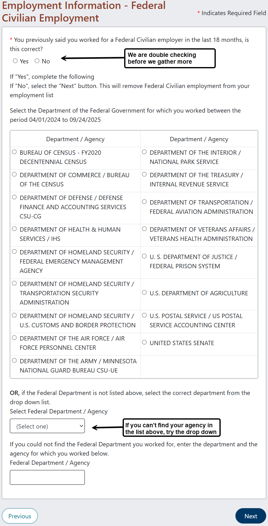 Screen shot of application showing user the drop down menu is at bottom of page