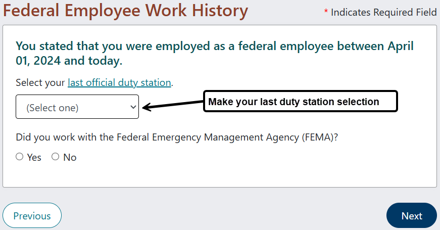 Screen shot of application showing where to indicate your last federal duty station