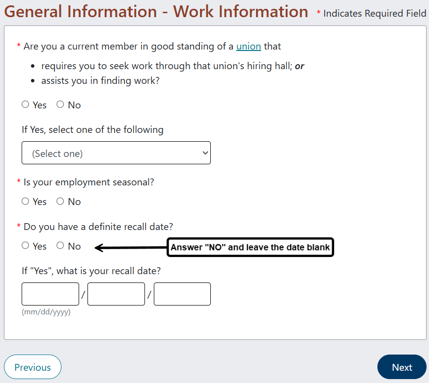Screen shot of application instructing user to answer NO to the question Do you have a definite recall date