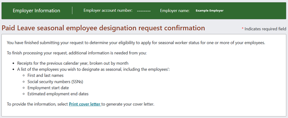 Image of the Paid Leave seasonal designation request confirmation page