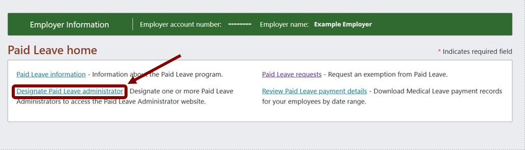 Designate Paid Leave administrator link circled.