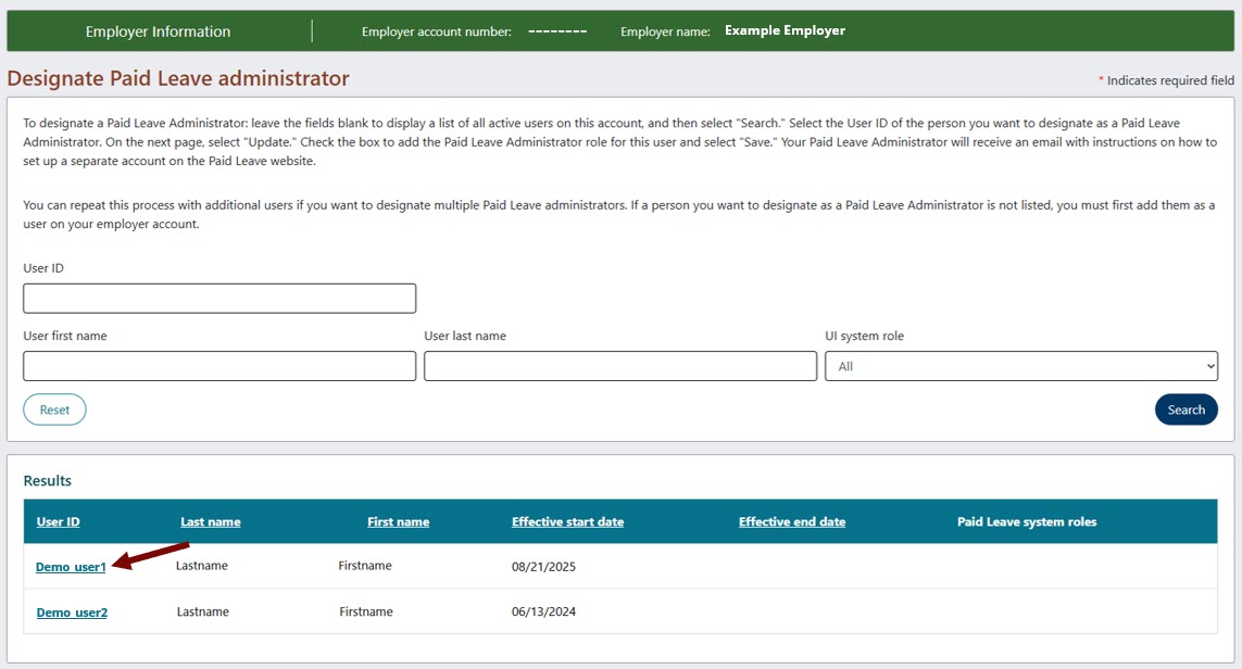 Designate Paid Leave administrator page with an arrow pointing towards the User ID field