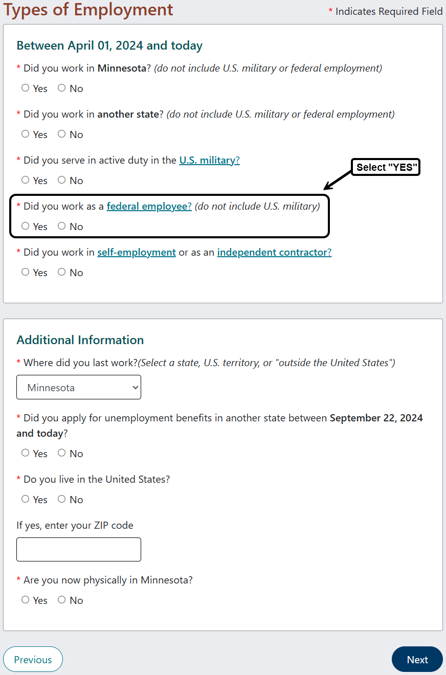 Screen shot of application instructing user to select the box Employed as a Federal Civilian