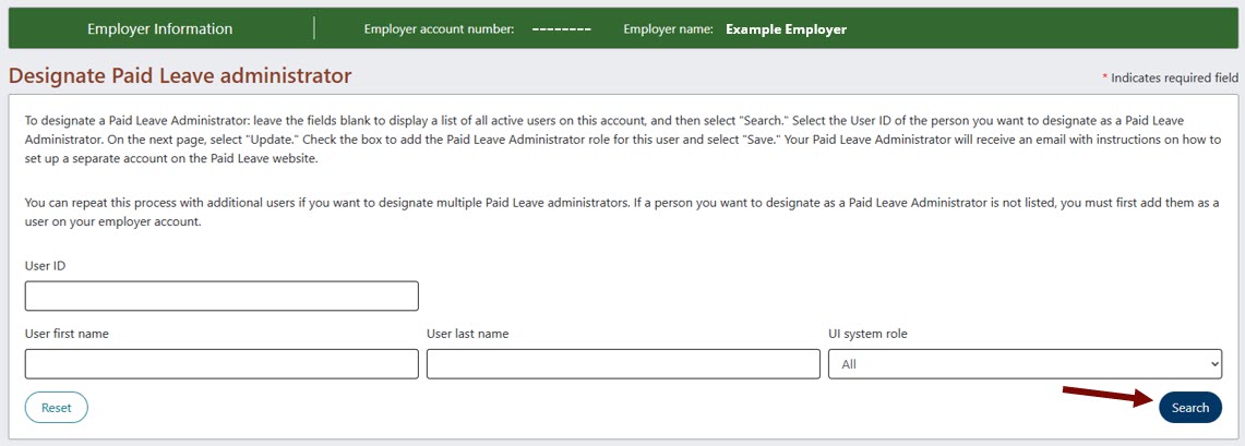Designate Paid Leave administrator page with blank fields and an arrow pointing towards the Search button