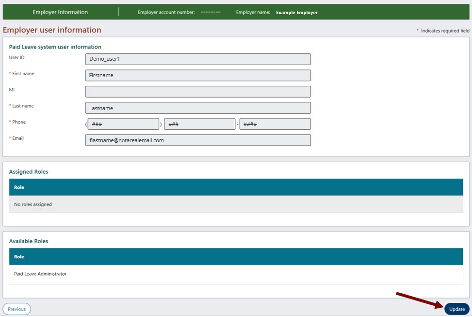Designate Paid Leave administrator page with an arrow pointing towards the Update button