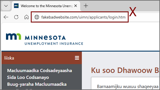 Applicant login page displaying a bad URL (fakebadwebsite.com/applicants/login.htm